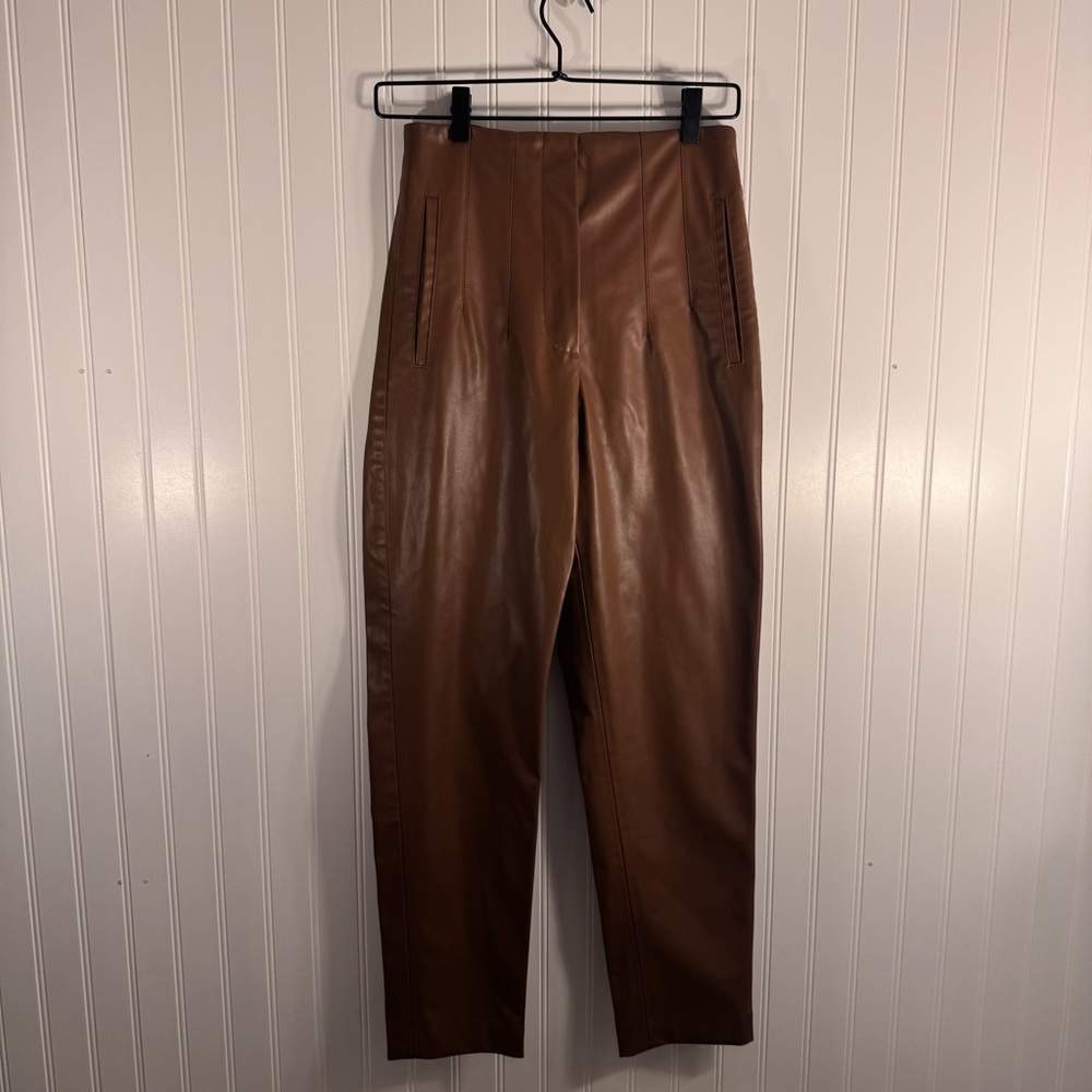 ZARA Faux Leather Straight Leg Pleated High Waist Pants Brown Women’s Size Small - Picture 3 of 15